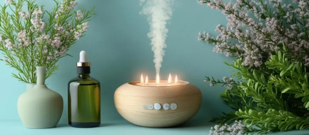 A person relaxing with essential oils and candles for stress relief.